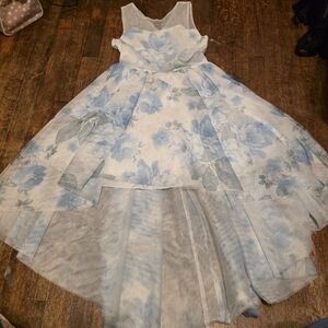 Girls Light Blue Floral High-Low Party Dress